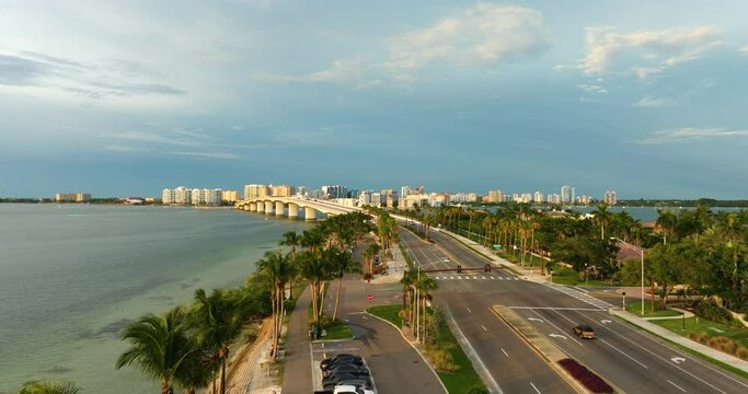 Sarasota city, Florida with waterfront office high-rise buildings and John Ringling Causeway leading from downtown to St. Armands Key. Development of housing and transportation in the US