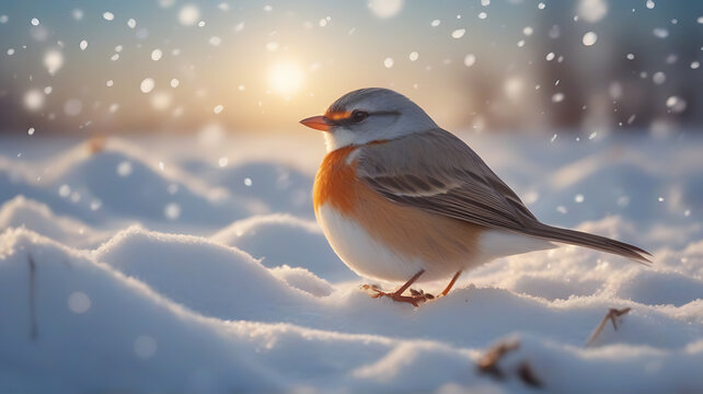 Winter snow background with snowdrifts and winter birds
