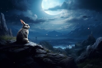A contemplative rabbit perched on a rocky outcrop, gazing at the moonlit horizon in a beautifully sketched scene.