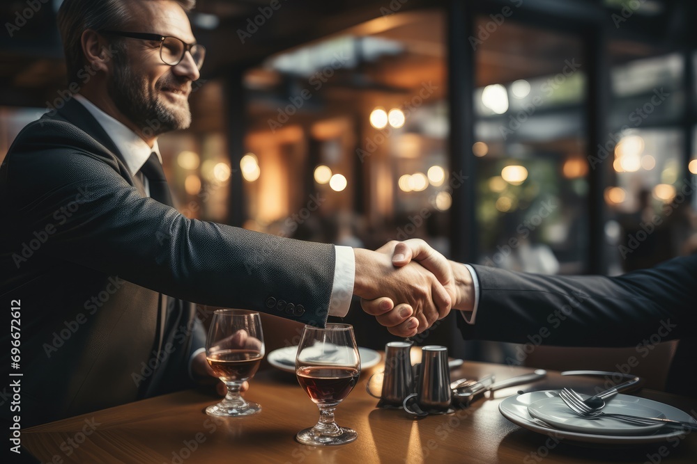 Poster Businessman shake hand in the restaurant, Two people making a business deal. Generative AI.