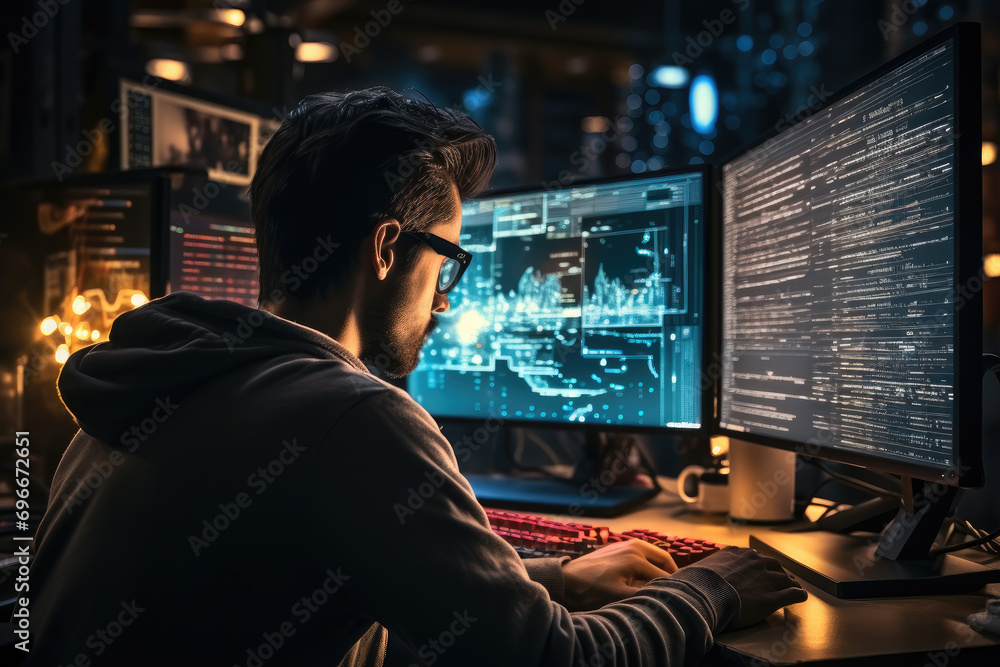 Aufkleber Software engineer looking at code on monitor. Generative AI.