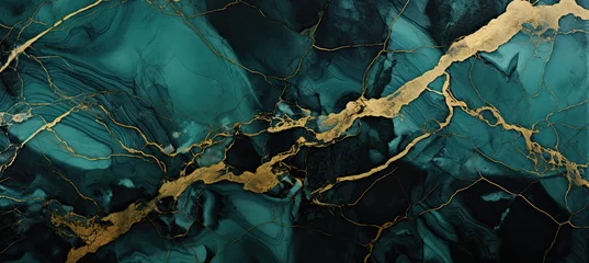 Rolgordijnen Abstract marble marbled stone ink liquid fluid painted painting texture luxury background banner - Dark green swirls gold painted splashes © Nhan