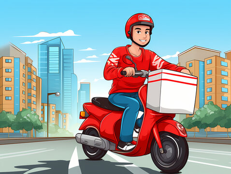 Food Delivery Rider on Scooter or Bike Carrying a Bag of Delicious Food