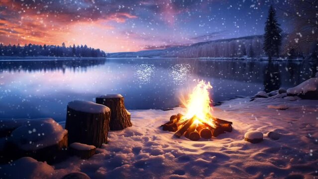 Nature scenery in the mountains with a Campfire by the lake in winter. seamless looping  time-lapse virtual video animation background. Generative AI