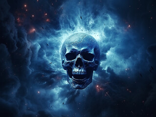 Smoked Skull Cloud Calamity Concept and Scary Abstract Digital Cloud Skull Image on a Blue Background