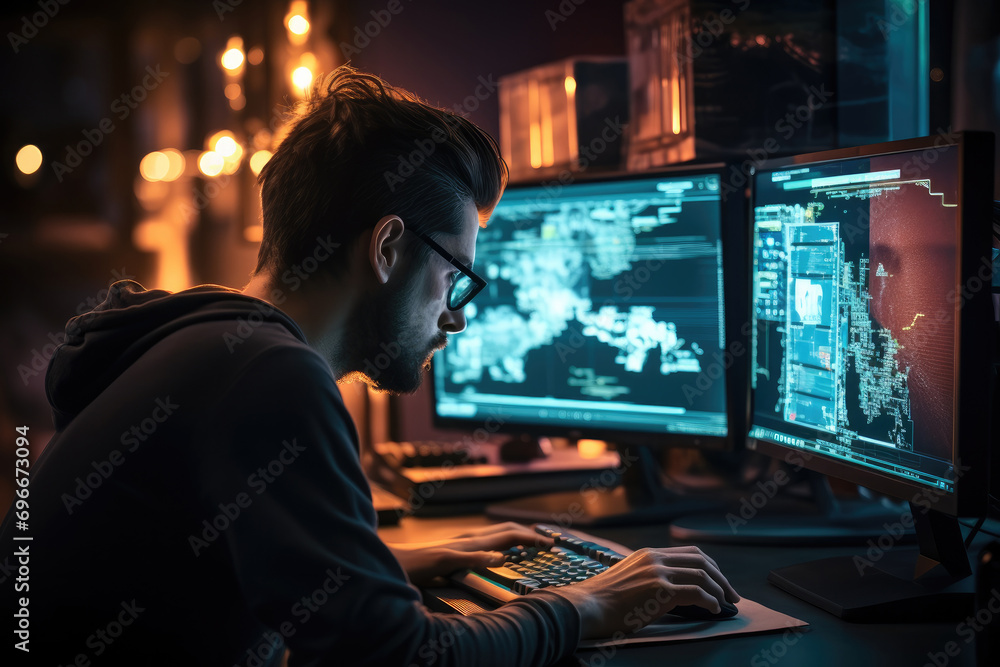 Aufkleber The software tester sits in front of the computer and carefully examines the code. Generative AI.
