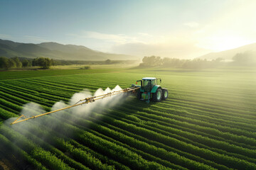 Tractor spray fertilizer on green field drone high angle view - obrazy, fototapety, plakaty