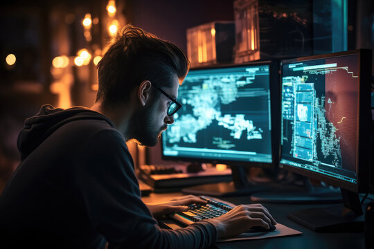 The software tester sits in front of the computer and carefully examines the code. Generative AI.