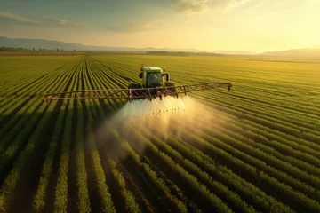 Fotobehang Tractor spray fertilizer on green field drone high angle view © Kien