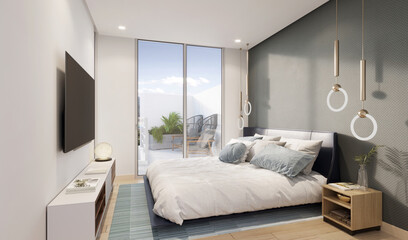 Dormitorio principal moderno con iluminación natural y terraza, 3d render