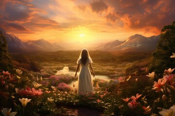 Beautiful woman in white dress standing on the hill and looking at beautiful sunset, A joyful woman standing in a flower garden, marveling at the sunset view, AI Generated