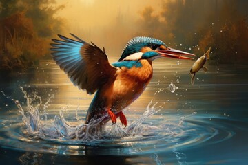 Kingfisher and fish in the water. 3D illustration, A Kingfisher catching a fish in the water, identified as Alcedo atthis, AI Generated