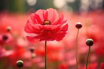poppy flower in the garden, selective focus, vintage color tone, A ladybug sitting on a red flower against a blurred background, AI Generated