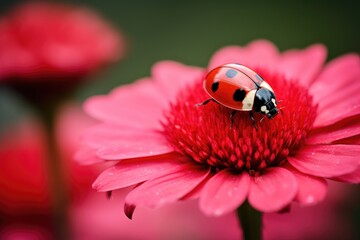 Ladybug on pink flower. Ladybug on a red flower, A ladybug sitting on a red flower against a blurred background, AI Generated - Powered by Adobe
