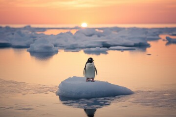 Penguin on the ice floe at sunset. Antarctica, A lone penguin on a melting ice floe representing climate change and global warming, AI Generated - Powered by Adobe