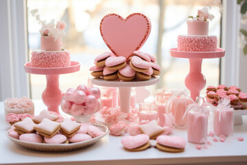 Fototapeta na wymiar Playful and sweet Valentine's Day dessert table