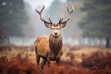 Naklejka na ściany i meble Red deer stag in autumn forest during rutting season, UK, A majestic Red Deer Cervus elaphus stag is seen in the morning mist in the UK, AI Generated