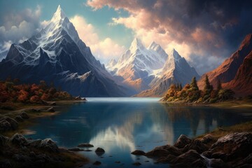 Fototapeta na wymiar Fantasy landscape with mountain lake and reflection in water at sunset, A mountain lake, AI Generated