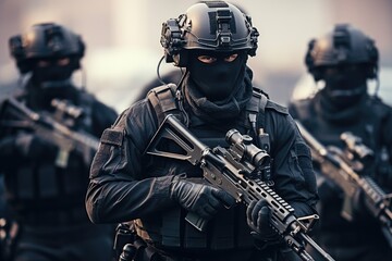 Spec ops police officers in action during an urban riot. Selective focus, A military special force...