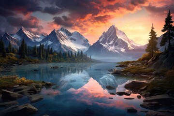 Mountain landscape with lake and forest at sunset. Digital painting, A mountain lake, AI Generated