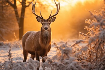 Naklejka na ściany i meble Red Deer Cervus elaphus in Winter, UK, Red Deer Cervus elaphus in Winter at Sunrise, AI Generated