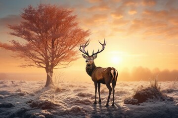 Red deer in winter landscape with trees at sunset. 3d render, Red Deer Cervus elaphus in Winter at Sunrise, AI Generated