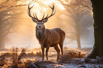 Red deer stag in winter forest at sunrise. Wildlife scene from nature, Red Deer Cervus elaphus in Winter at Sunrise, AI Generated