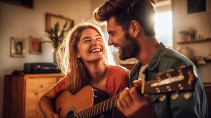 Happy smiling caucasian couple with the young woman playing guitar at home
