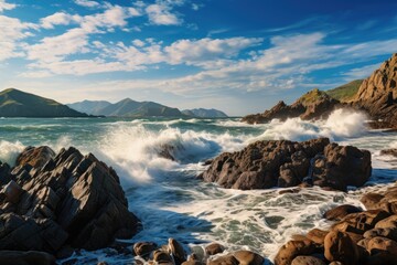 Seascape with waves crashing against the rocks on a sunny day, A Rocky Beach landscape view with rough sea waves and beautiful sky, AI Generated - Powered by Adobe