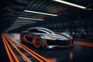 3D rendering of a brand-less generic concept car in a tunnel, A sports car, a futuristic autonomous vehicle in a tunnel. HUD car, AI Generated