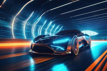 3D rendering of a brand-less generic concept car in a tunnel, A sports car, a futuristic autonomous vehicle in a tunnel. HUD car, AI Generated