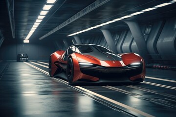 Abstract futuristic background with blue and orange sport car. 3D rendering, A sports car, a futuristic autonomous vehicle in a tunnel. HUD car, AI Generated