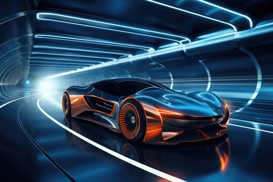 3D rendering of a concept car in a tunnel with motion blur, A sports car, a futuristic autonomous vehicle in a tunnel. HUD car, AI Generated - Powered by Adobe