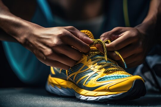cropped shot of sportsman tying shoelaces on sports shoes, Sportsman tying sports shoes close up view, top section cropped, no deformations, AI Generated