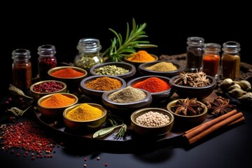 Spices and herbs on the table in composition on the black background, A variety of spices in glass bowls and a mortar are arranged on a black slate background, AI Generated