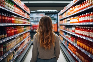 Rear view of young woman looking at bottle of juice in supermarket, A woman comparing products in a grocery store, AI Generated