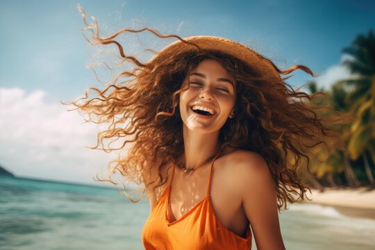 Portrait of beautiful young woman with flying hair on the beach, A young beautiful woman having fun on a tropical seashore, AI Generated