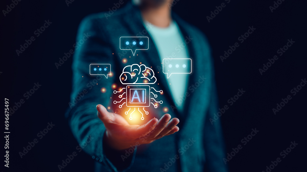 Aufkleber Chat with AI, Artificial Intelligence. Businessman using technology smart robot AI, artificial intelligence by enter command prompt for generates something, Futuristic technology transformation.