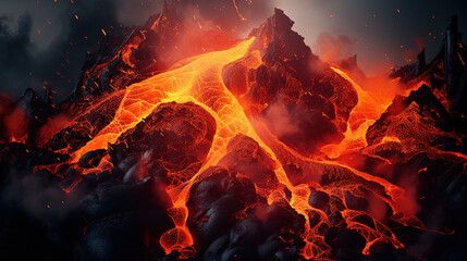 Majestic Mountains Awaken as Volcanic Explodes, Cascade of Molten Lava Flowing Down - obrazy, fototapety, plakaty