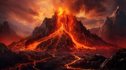 Majestic Mountains Awaken as Volcanic Explodes, Cascade of Molten Lava Flowing Down