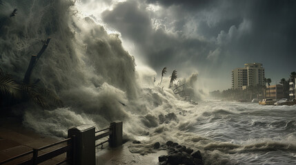 The Elemental Ballet of Storms, Winds, and Rain in a Destructive along the Coastal - obrazy, fototapety, plakaty