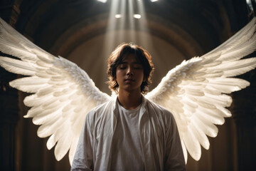 Man with angel wings spread in a majestic architectural setting. The face of the man transmits...