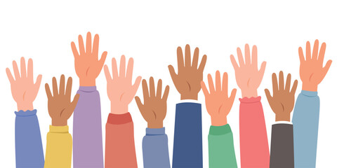 Hands raised up together. Human hands different skin colors.