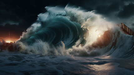 The Unstoppable Force of The Great Wave of the Tsunami, a Gripping Catastrophe - obrazy, fototapety, plakaty