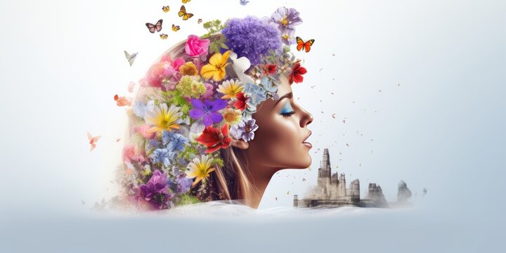 Floral Harmony. Captivating Fusion of Woman and Nature's Flowers