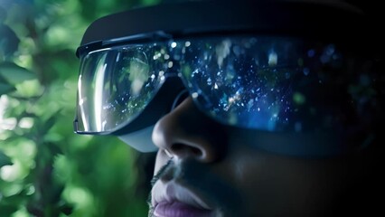 A closeup of a users eyes obscured by a virtual reality headset, highlighting the unique experience of seeing and perceiving a simulated environment. The distortion and blurring of reality