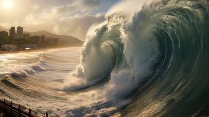 The Unstoppable of a Massive Tsunami Wave Brings Devastation and Disaster in its Wake - obrazy, fototapety, plakaty