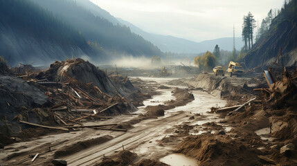 The Terrifying of a Landslide, Indications, Devastation, and the Shifting Terrain - obrazy, fototapety, plakaty
