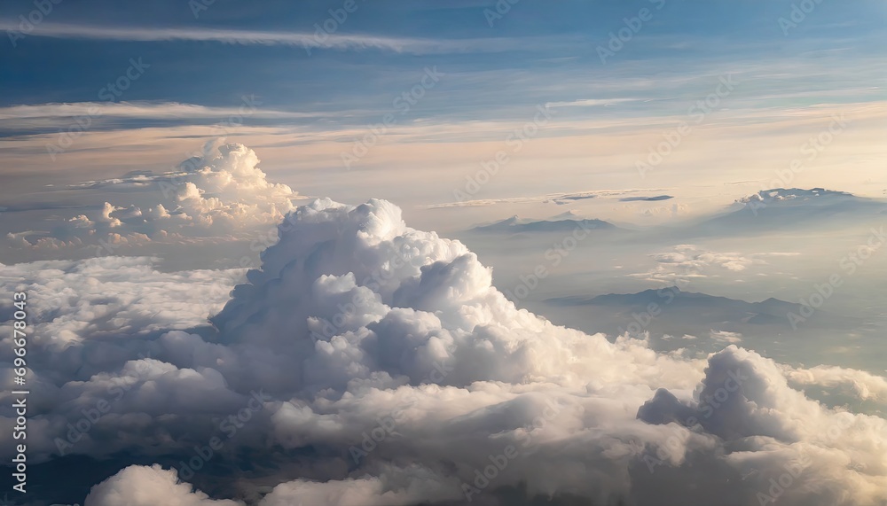 Wall mural high nature view large white clouds on soft sky background in the morning, view of white cloudy on t