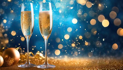 Champagne toast celebration with golden glitter on blue abstract background and defocused bokeh lights.